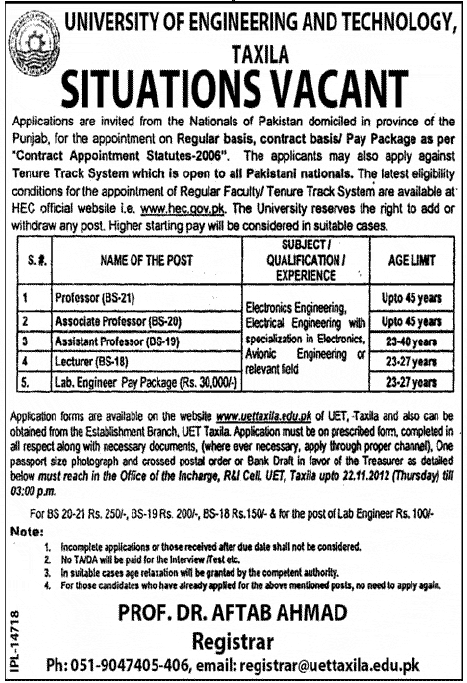 Faculty Jobs in UET Taxila 2012