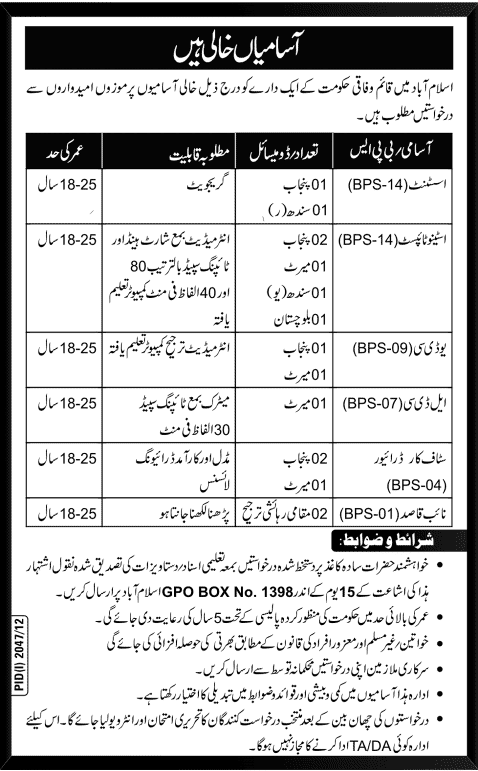 P. O. Box 1398 GPO Islamabad Jobs of Federal Government