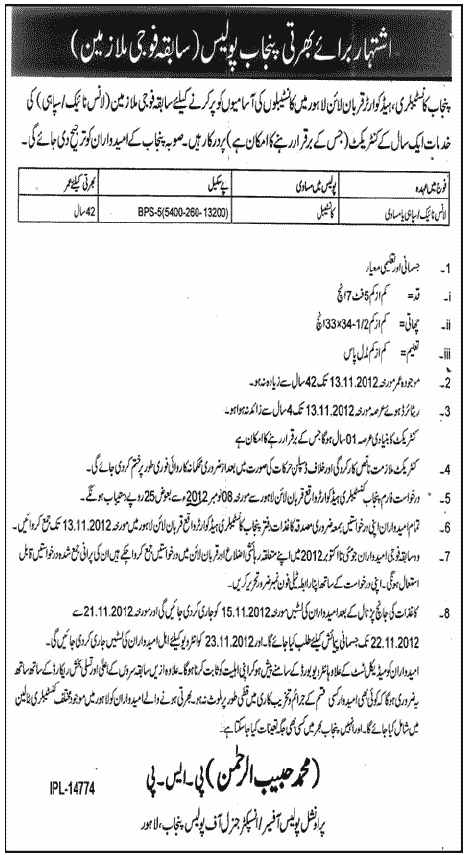 Punjab Police Constable Jobs 2012 for Ex Army Personnel