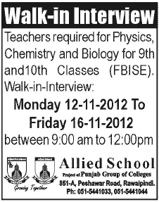 Allied School Requires Teachers for 9th & 10th Classes (FBISE)
