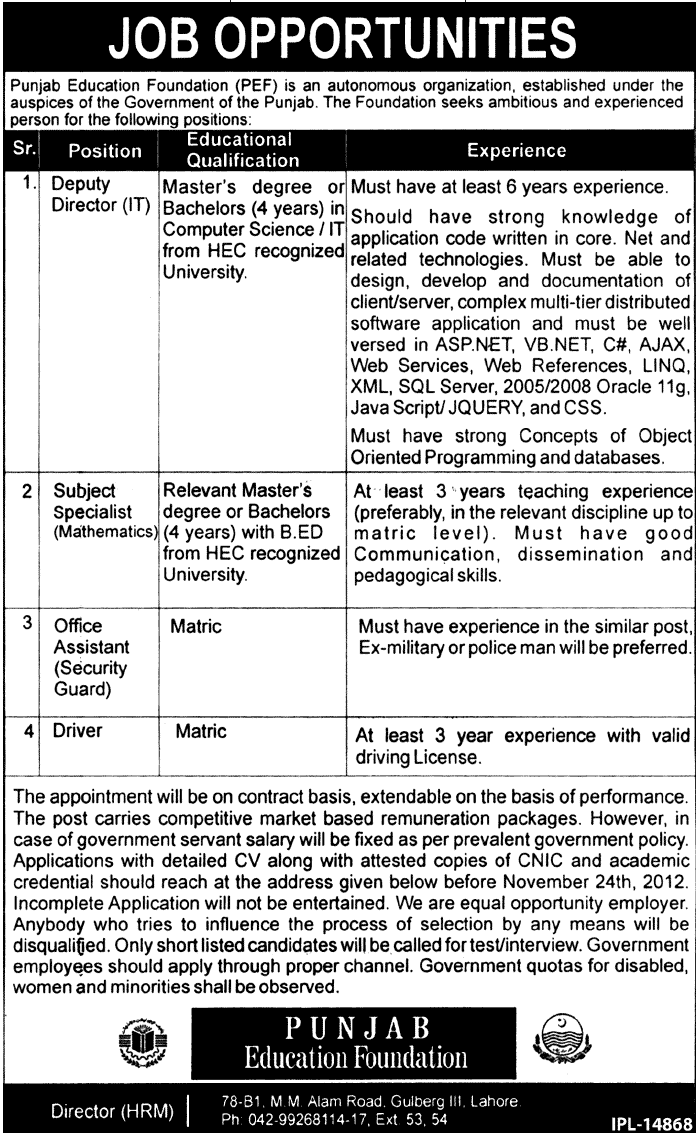 Jobs in Punjab Education Foundation PEF 2012