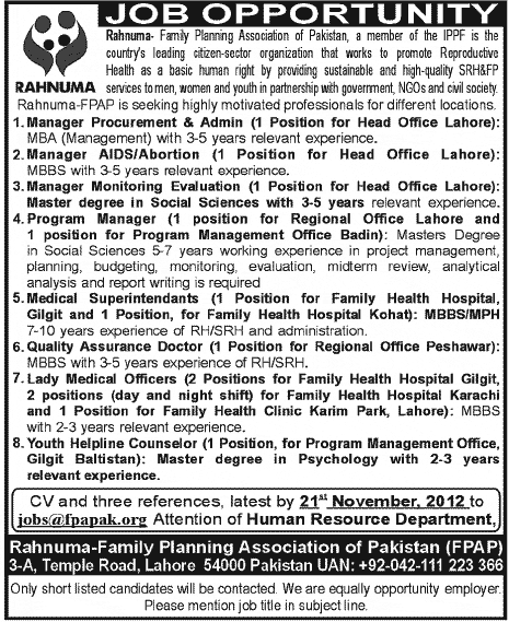 Jobs in Rahnuma Family Planning Association of Pakistan FPAP