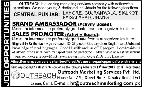 Outreach Marketing Services Jobs Central Punjab