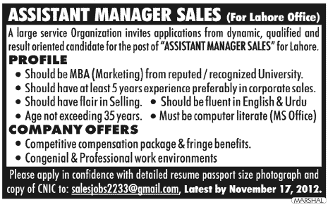 Assistant Manager Sales Required by an Organization