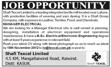 Shafi Texcel Limited (a Textile Mill) Requires Manager Electrical