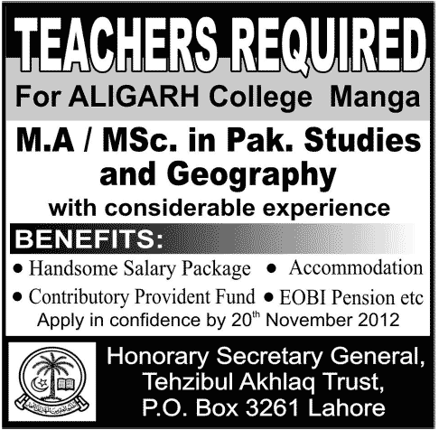 Aligarh College Manga Jobs for Teachers