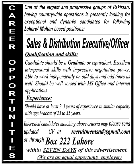 Sales and Distribution Jobs in Lahore/ Multan