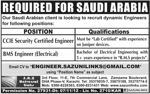 Engineers Required for Saudi Arabia