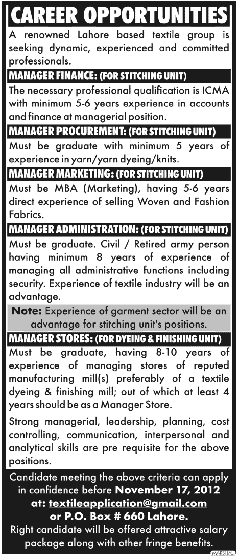 Textile Group Requires Managers