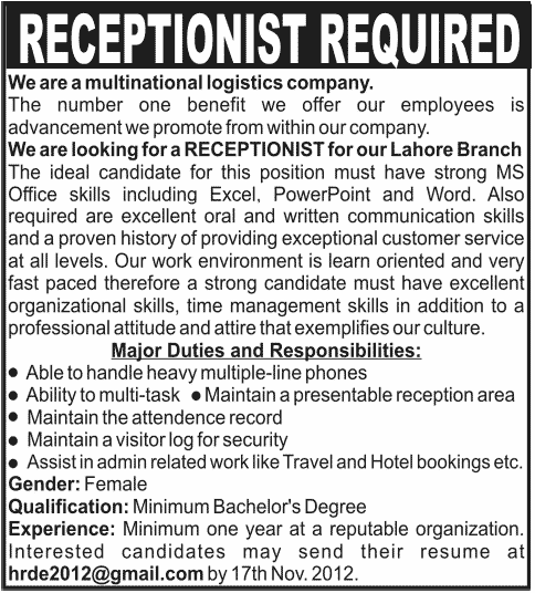 Multinational Logistic Company Requires Receptionist