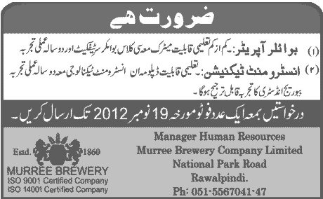 Murree Brewery Jobs 2012