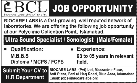 Biocare Labs (BCL) Requires Ultra Sound Specialist / Sonologist