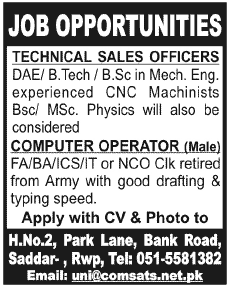 Technical Sales Officers and Computer Operator Required
