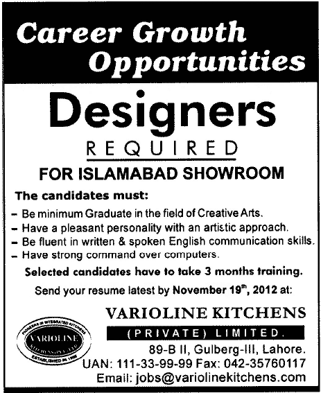 Varioline Kitchens (Pvt.) Ltd. Require Designers