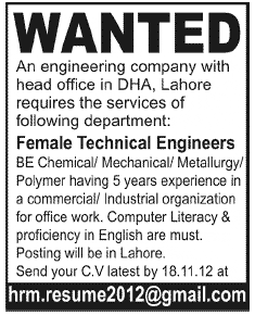 Technical Engineer Required for Engineering Company