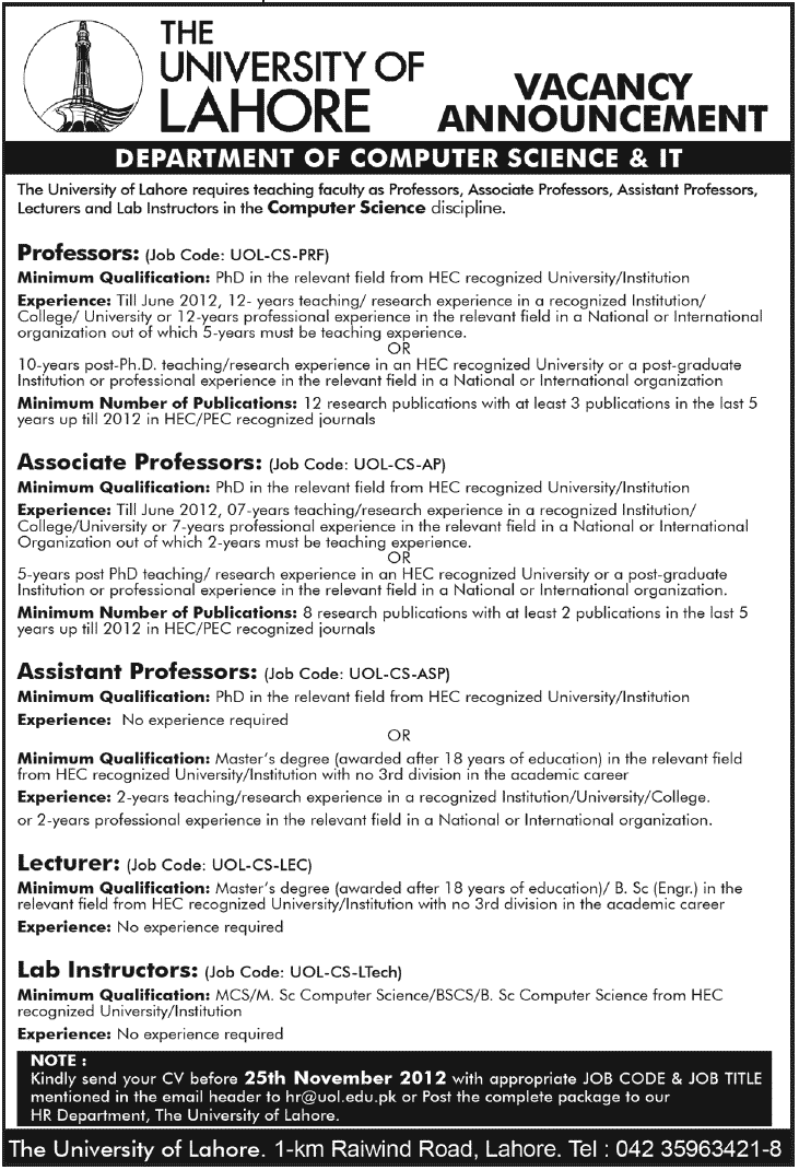 The University of Lahore (UOL) Department of Computer Science & IT Faculty Jobs