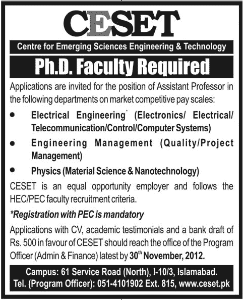 CESET Islamabad Requires Faculty