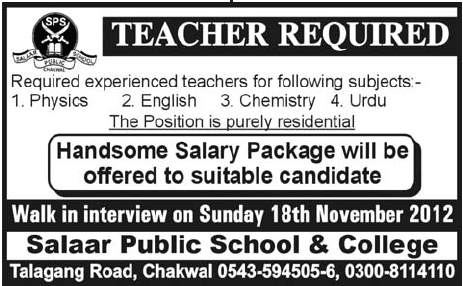 Salaar Public School & College Chakwal Requires Teachers