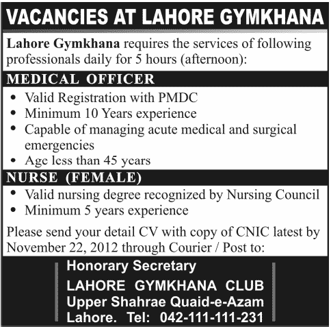 Lahore Gymkhana Jobs for Medical Officer and Nurse
