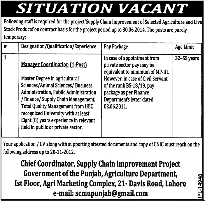 Manager Coordination Required by Agriculture Department Punjab