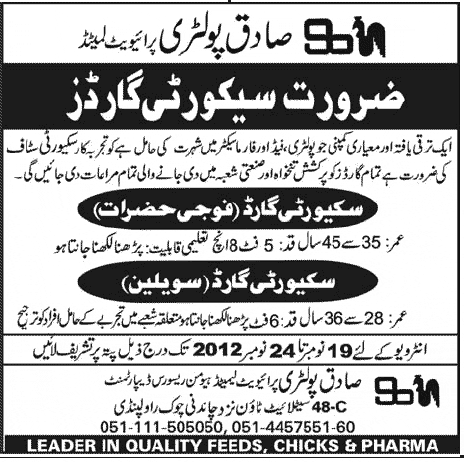 Sadiq Poultry (Pvt.) Ltd. Requires Security Guards