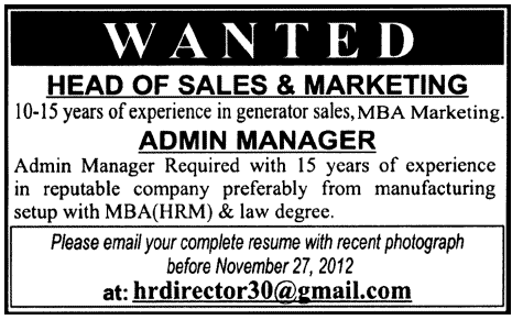 Head of Sales & Marketing and Admin Manager Jobs