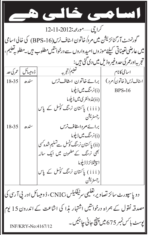 P. O. Box 675 Karachi Jobs for Staff Nurses in a Government Organization