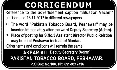 Corrigendum - PO Box 188 Peshawar PTB Jobs