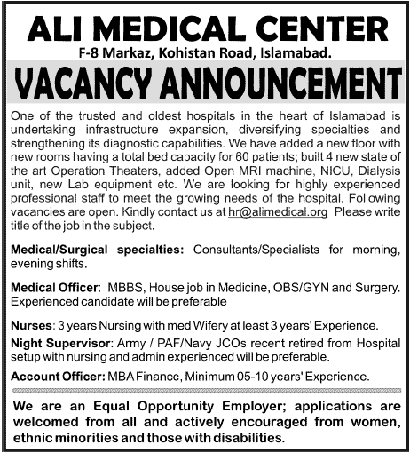 Ali Medical Center Islamabad Jobs for Medical & Surgical Specialists and Other Staff