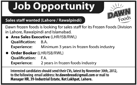 Jobs in Dawn Foods for Area Sales Executive and Order Booker
