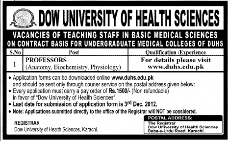 DOW University of Health Sciences Requires Professors of Basic Medical Sciences
