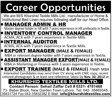 Khurshid Textile Mills Jobs for Managers & Trainees