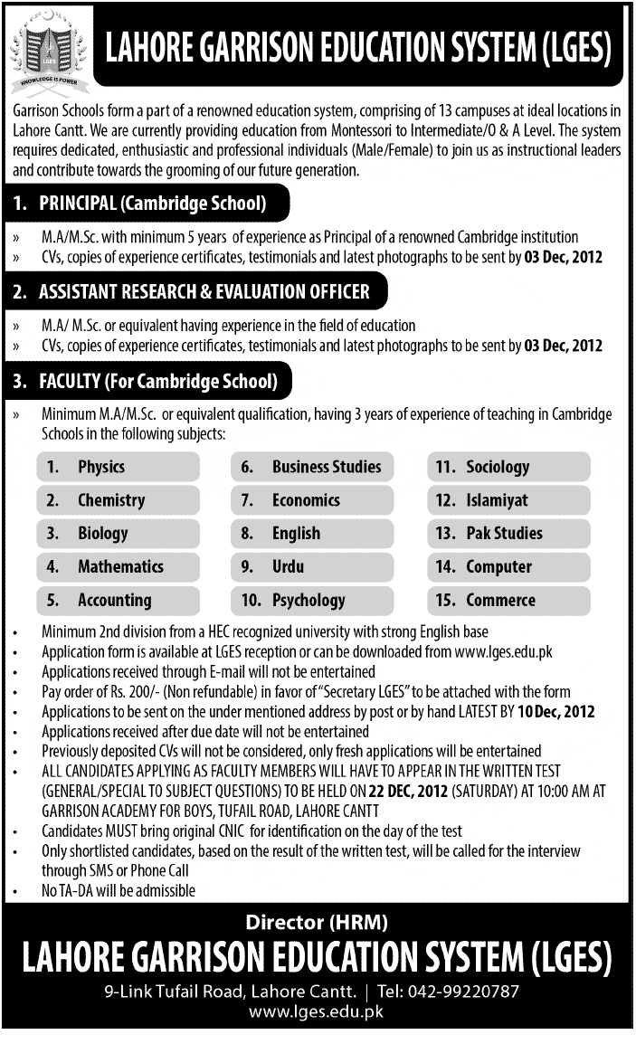 Lahore Garrison Education System (LGES) Jobs for Principal, Teachers & Officer
