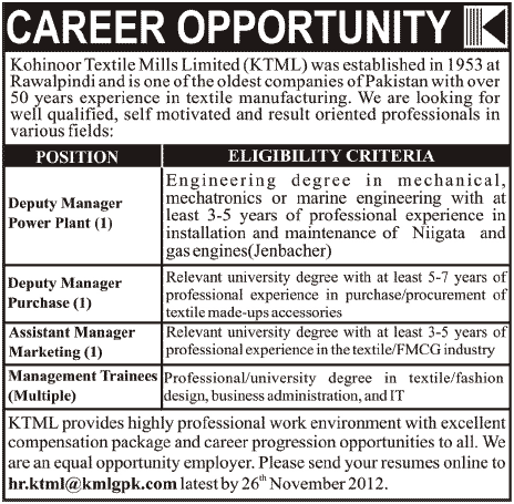 Kohinoor Textile Mills Limited (KTML) Requires Managers and Trainees (Internship/Apprenticeship/Training)