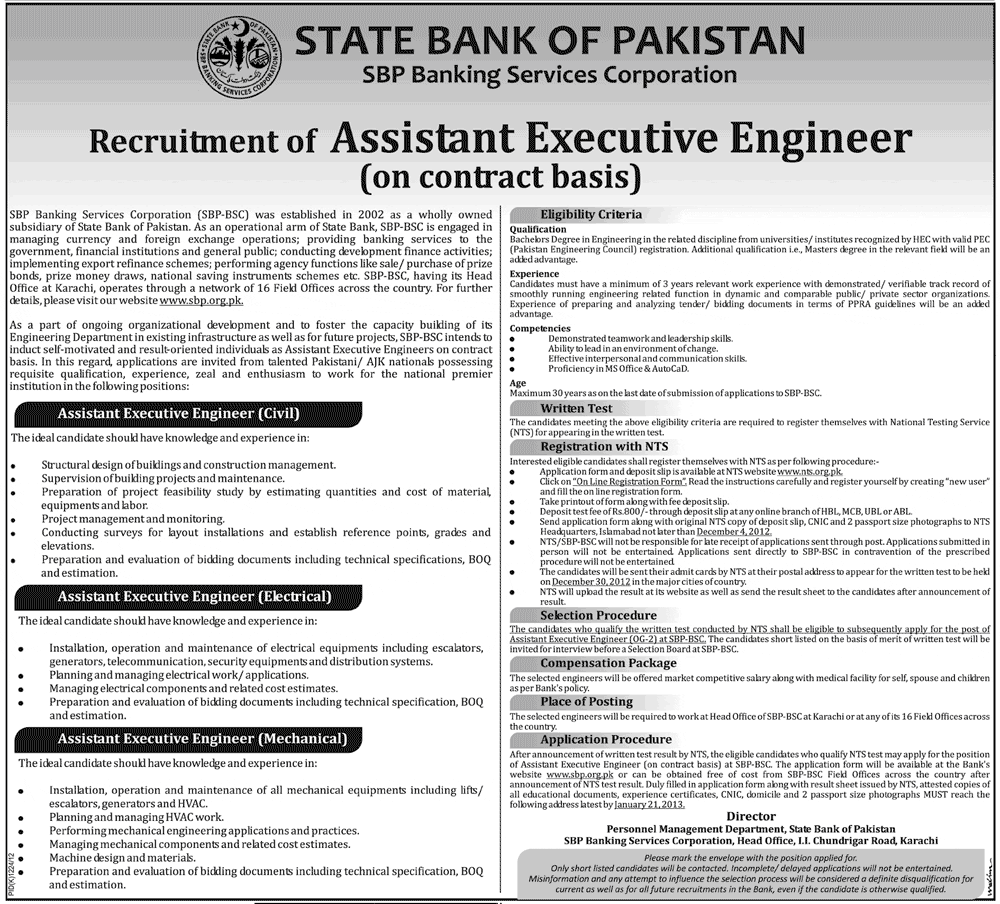 SBP Jobs 2012 for Assistant Executive Engineers - State Bank of Pakistan