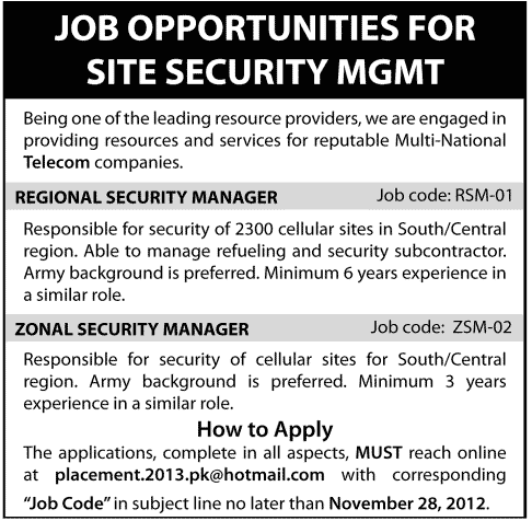 A Telecom Company Requires Regional & Zonal Security Managers