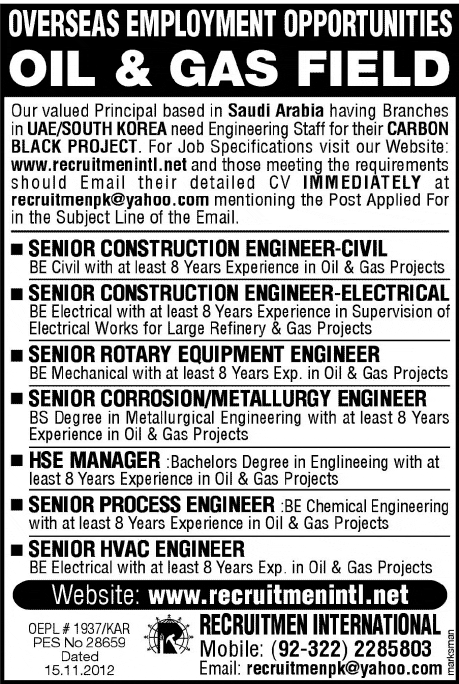 A Saudi Based Firm Needs Engineers for their Carbon Black Project