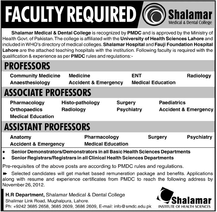 Shalamar Medical & Dental College (SMDC) Jobs for Professors, Registrars & Demonstrators