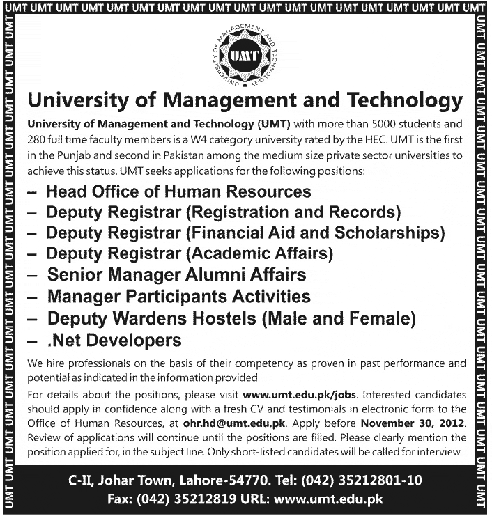 UMT Jobs 2012 University of Management and Technology Lahore