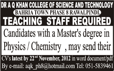 Dr. A.Q. Khan College of Science and Technology Needs Teachers