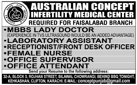 Australian Concept Infertility Medical Center Faisalabad Requires Medical & Office Staff