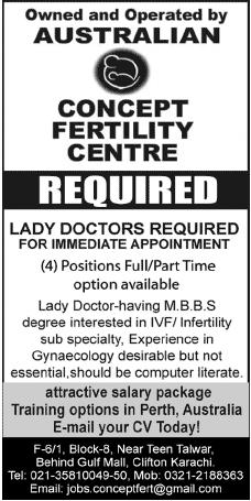 Australian Concept Infertility Medical Center Karachi Needs Lady Doctors