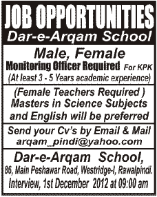 Dar-e-Arqam School Rawalpindi Requires Monitoring Officer and Teachers