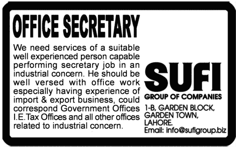 Sufi Group of Companies Requires Office Secretary