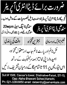 Sindhi Data Entry Operator Job at a Company