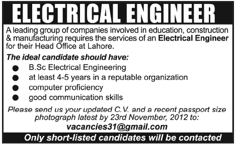 Electrical Engineer Job at a Group of Companies