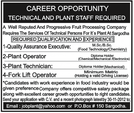 Technical and Plant Staff Required for a Fruit Processing Company