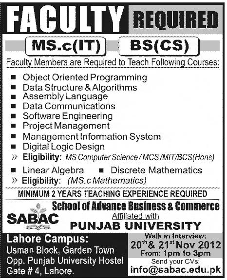 School of Advance Business & Commerce (SABAC) Requires Faculty