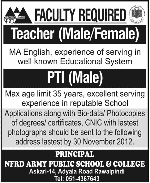 NFRD Army Public School & College (APSC) Rawalpindi Requires Faculty