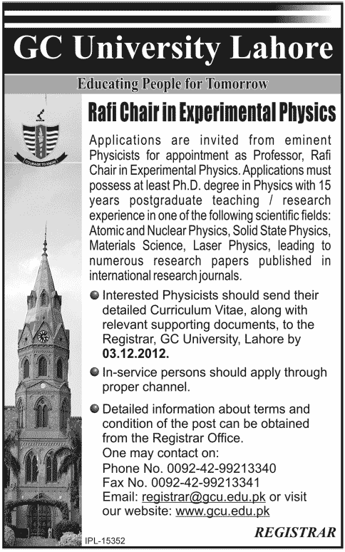 Physics Professor Job for Rafi Chair at GCU Lahore (Jang)